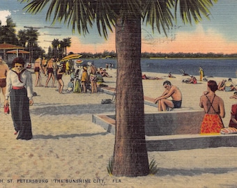 Spa Beach St Petersburg Florida 1943 linen postcard