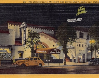 Brown Derby Restaurant Night Hollywood California 1940s linen postcard