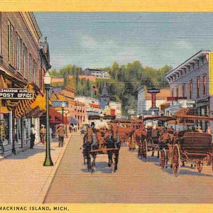 Carte postale en lin des années 40, rue Main, Mackinac Island, Michigan