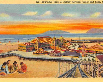 Saltair Pavilion Birdseye View Great Salt Lake City Utah 1950s linen postcard