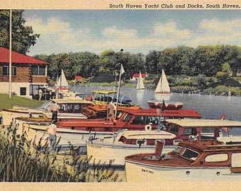 South Haven Yacht Club Motor Launch Boats Michigan 1940s linen postcard