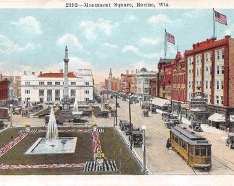 Monument Square Streetcar Cars Racine Wisconsin 1920c postcard