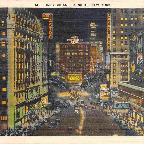 Times Square at Night New York City 1950s linen postcard