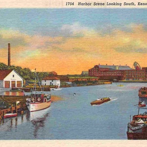 May include: A vintage postcard depicting a harbor scene in Kenosha, Wisconsin. The postcard shows a view of the harbor looking south, with boats docked at the pier and buildings in the background. The sky is a vibrant orange and pink, suggesting a sunset.