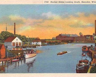 Harbor Scene Looking South Kenosha Wisconsin 1940s linen postcard