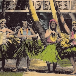 Carte postale coloriée à la main, Honolulu, Hawaï, femmes, danseuse de hula, 1941