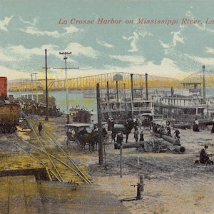 Cartão postal da década de 1910 do Steamer Dock, Rio Mississippi, La Crosse, Wisconsin