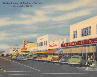 Boulevard Street Scene Woolworth Store Cars Hollywood Florida 1940s linen postcard