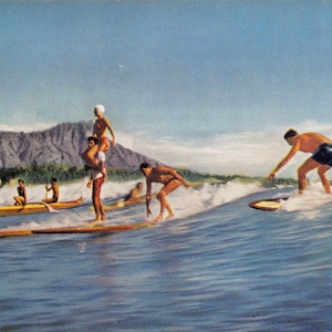 Surf Outrigger Canoë Waikiki Beach Honolulu Hawaï 1950 Carte postale United Airlines