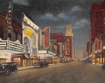 Movie Theater Row at Night Elm Street Dallas Texas 1940s linen postcard