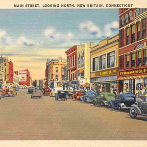 Main Street Cars Woolworth Store New Britain Connecticut 1940 Carte postale en lin
