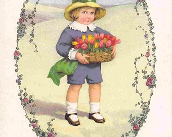 Child Carrying Basket of Tulips Green Purple 1910s postcard