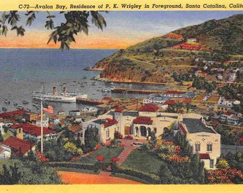 Avalon Bay Wrigley Home Santa Catalina Island Californië linnen ansichtkaart uit de jaren 40