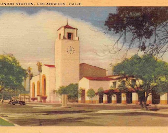Union Station Railroad Depot Los Angeles California 1940s linen postcard