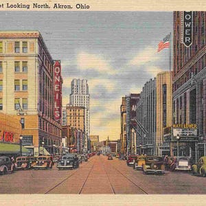 Main Street Cars ONeills Scott magasin Sears Akron Ohio 1946 carte postale en lin