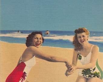 Young Women in Bathing Suits Beach Scene Florida 1940s linen postcard
