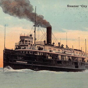 Cartão postal da cidade de Mackinac, Michigan, década de 1910, do navio a vapor Great Lakes