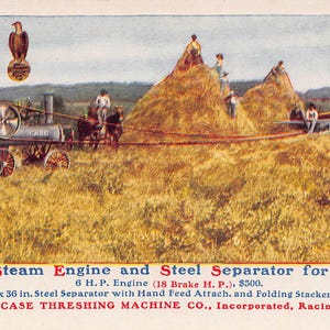 J I Case Steam Tractor Engine Threshing Machine Racine Wisconsin 1910s advertising postcard