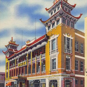 Carte postale en lin des années 40, Chicago, Illinois, quartier chinois