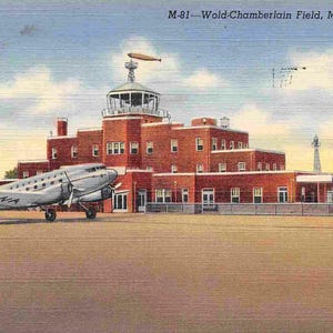 Carte postale en lin 1943 de l'aéroport de Wold Chamberlain NWA Minneapolis Minnesota