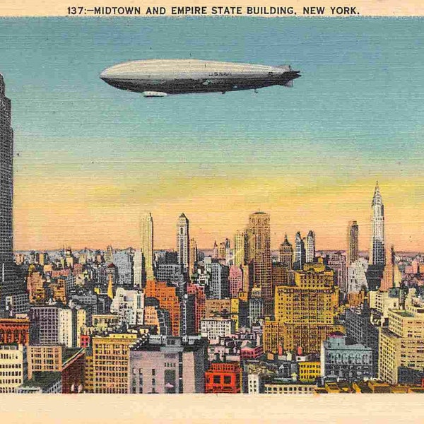Empire State Building Airship Midtown Skyline New York City 1950s linen postcard
