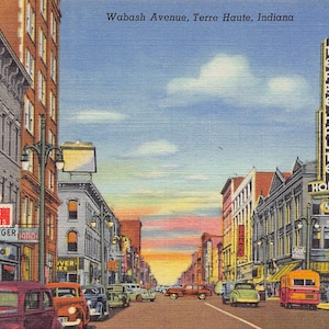 Carte postale en lin Terre Haute Indiana des années 40, Wabash Avenue