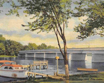 Fox River Bridge Cabin Cruiser Boat McHenry Fox Lake Illinois 1950s linen postcard