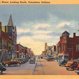 Washington Street Olhando para o Sul Carros Columbus Indiana Cartão postal de linho dos anos 1940