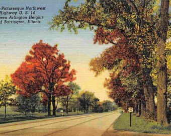 US 14 Northwest Highway Arlington Heights to Barrington Illinois 1950s linen postcard