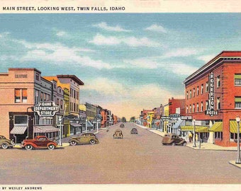 Main Street Looking West Twin Falls Idaho 1940s linen postcard