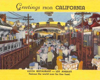 Lucca Restaurant Interior Los Angeles Greetings From California 1950s linen postcard