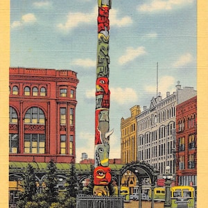 Pioneer Square mât totémique Seattle Washington des années 1950 Carte postale en lin