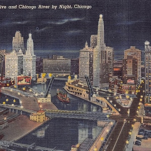 Wacker Drive Chicago River Night Skyscrapers Bridge Chicago Illinois 1950s linen postcard