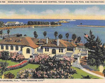 Yacht Club Central Basin St Petersburg Florida 1936 linen postcard