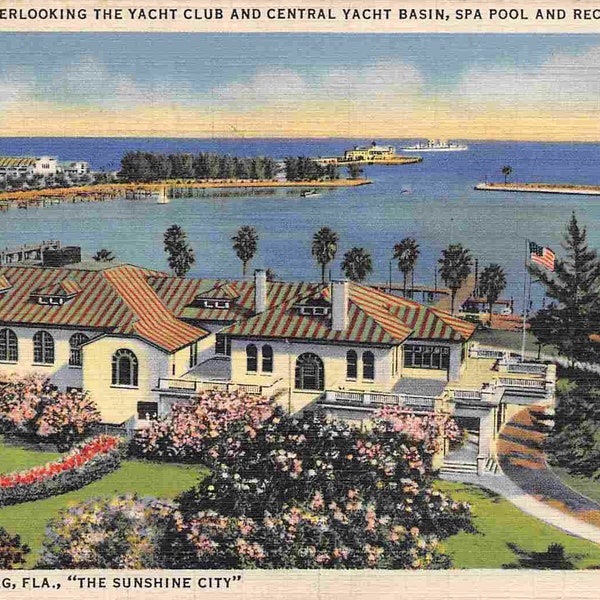 Yacht Club Central Basin St Petersburg Florida 1936 linen postcard