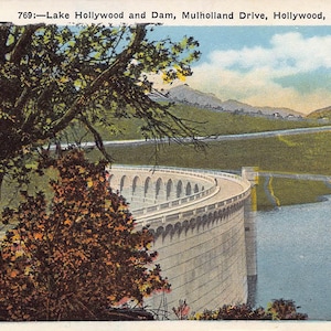 Barrage du lac Hollywood Mulholland Drive, Californie, carte postale des années 1920