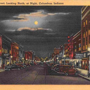 Washington Street à North Night Cars Columbus Indiana des années 40, carte postale en lin