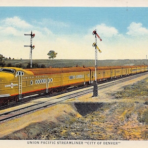Cartão postal de linho da Union Pacific Railroad Train Streamliner, cidade de Denver, década de 1940
