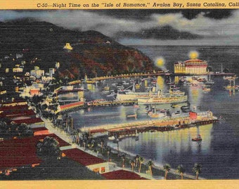 Avalon Bay at Night Catalina Island California 1950s linen postcard