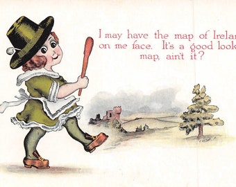 St Patricks Day Irish Girl Map Ireland Irish Holiday Greetings 1910c postcard