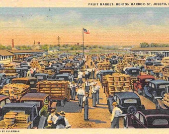 Fruit Market Farmers Benton Harbor St Joseph Michigan 1951 linen postcard