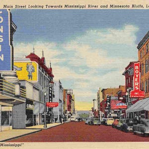 Main Street Theater Cars La Crosse Wisconsin Cartão postal de linho dos anos 1950