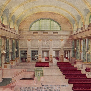Cartolina dell'interno della sala d'attesa del deposito ferroviario Northwestern di Chicago, Illinois, 1915