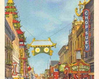 Street Scene Chinatown San Francisco California 1950s linen postcard