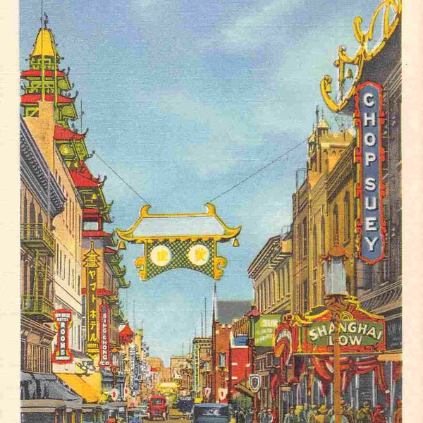 Street Scene Chinatown San Francisco California 1950s linen postcard