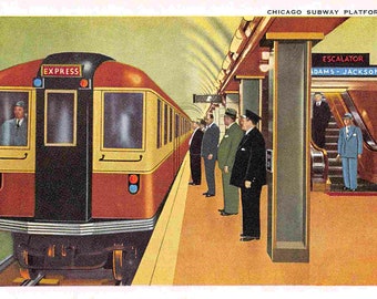 Chicago Subway Train Platform Illinois 1950s postcard