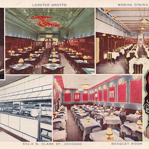 Cartão postal da década de 1940 do restaurante de frutos do mar Ireland Oyster House, Clark St, Chicago, Illinois