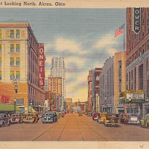 Carte postale 1947 des grands magasins Sears, rue principale, Akron, Ohio