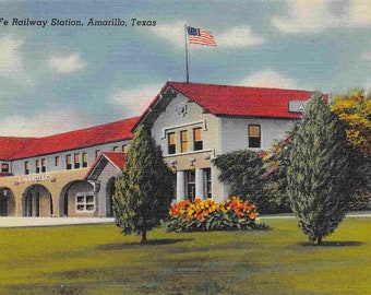 Santa Fe Railroad Train Depot Amarillo Texas 1946 linen postcard