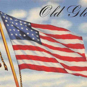Carte postale en lin Old Glory, étoiles, rayures, drapeau américain patriotique, achats d'obligations de guerre, années 40